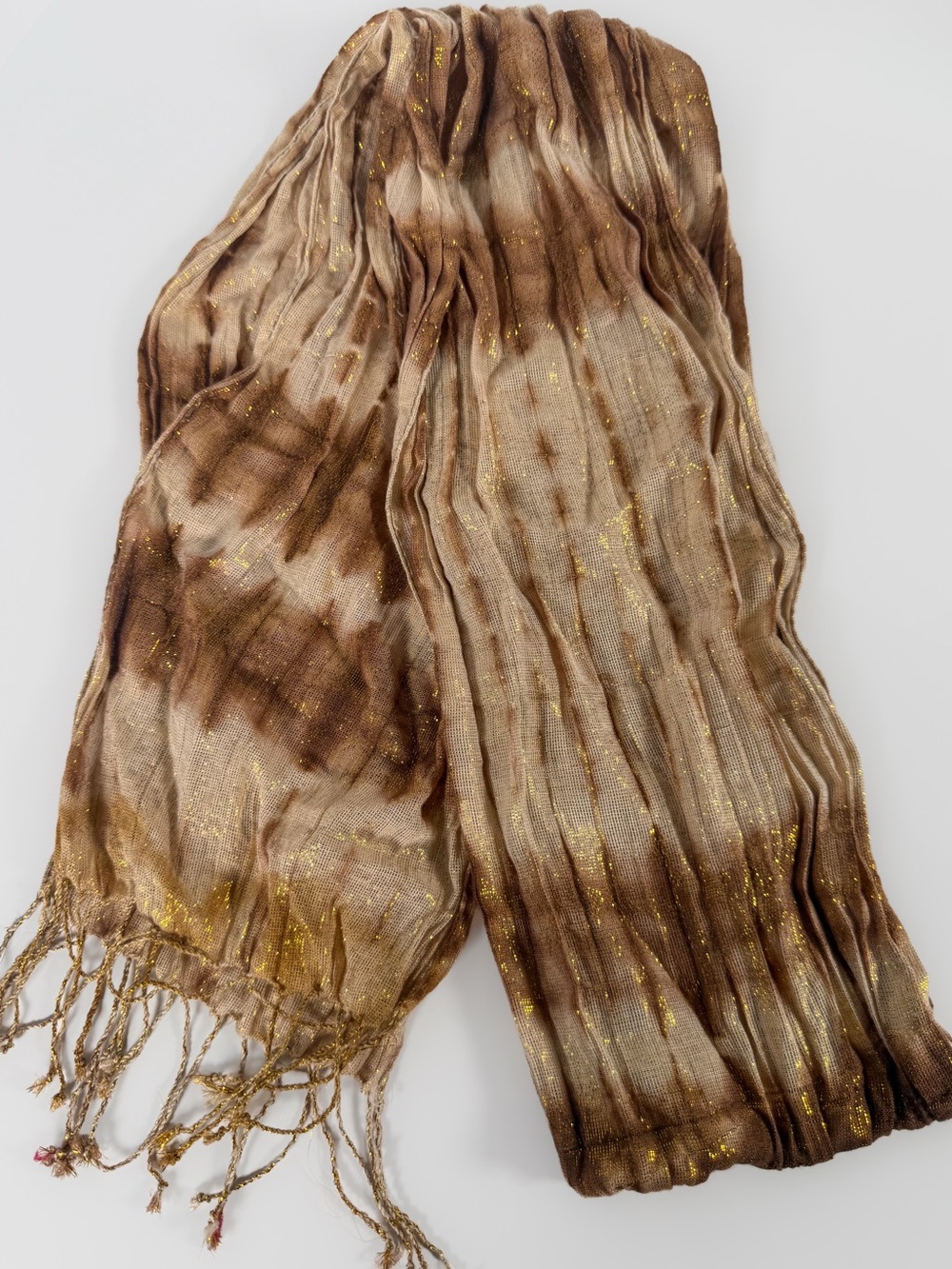 Brown Tan Crinkle Scarf with Metallic Gold Fringe